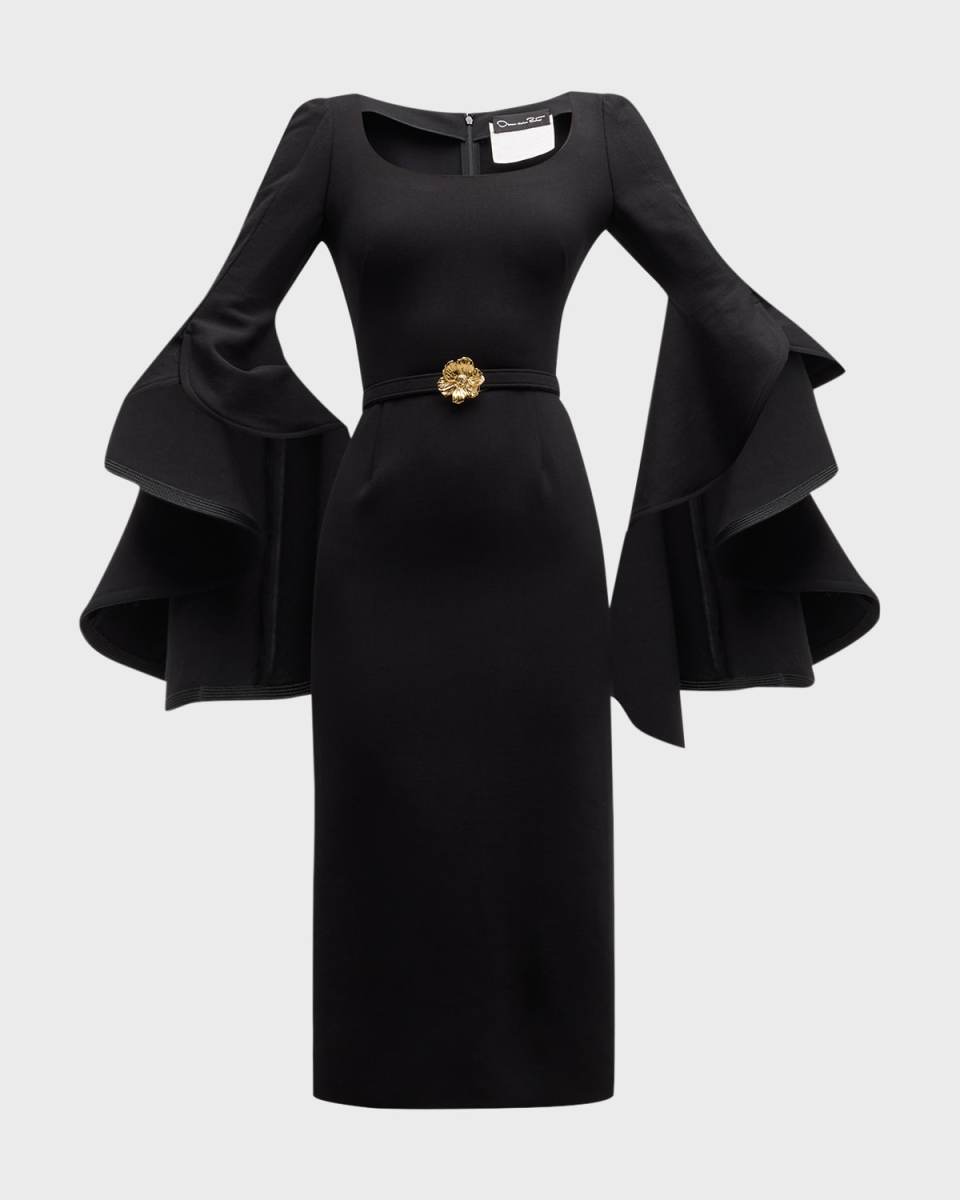 Scoop-Neck Ruffle 3/4-Sleeve Belted Crepe Midi Dress