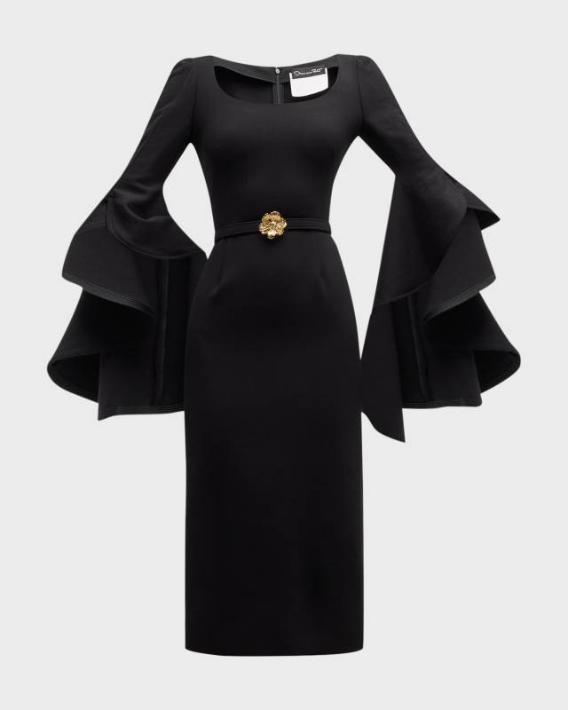 Scoop-Neck Ruffle 3/4-Sleeve Belted Crepe Midi Dress