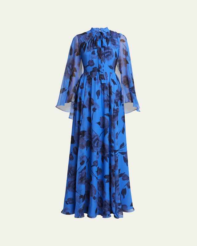 Rose Split-Sleeve Neck-Tie Gown