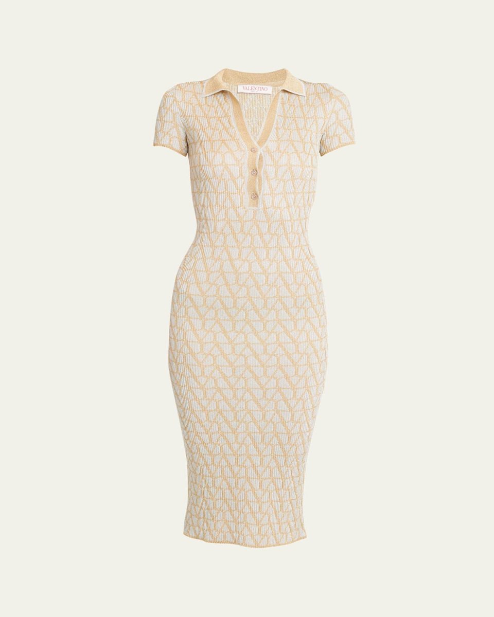 Metallic Iconograph Short-Sleeve Polo Knit Midi Dress