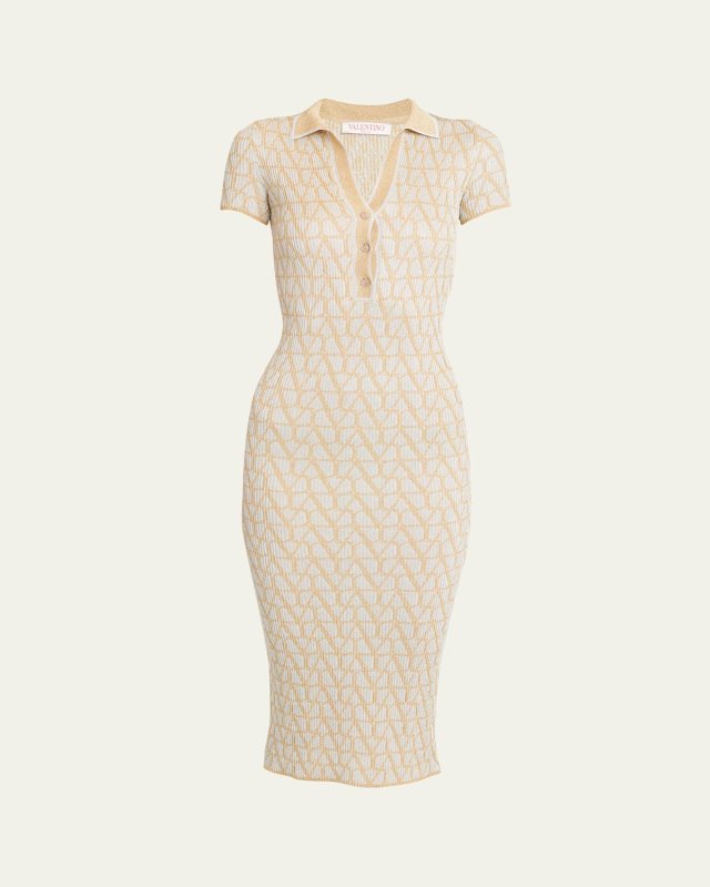 Metallic Iconograph Short-Sleeve Polo Knit Midi Dress