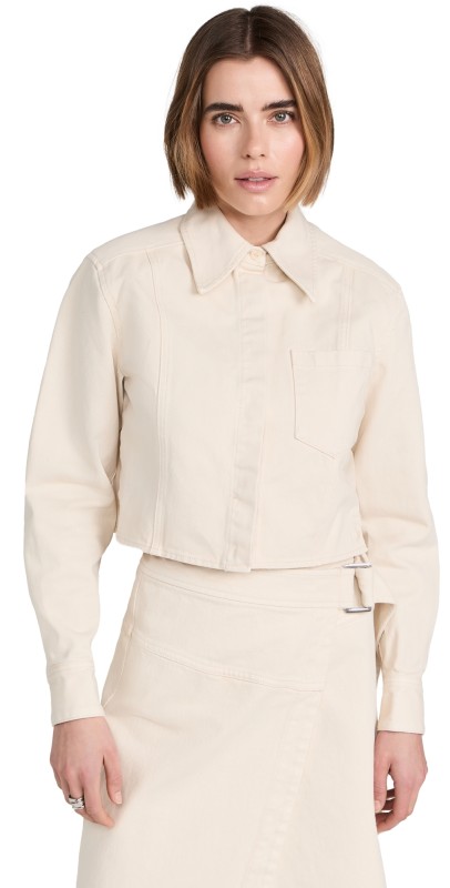 3.1 Phillip Lim Denim Cropped Shirt Jacket with Shoulder Pads Ecru
