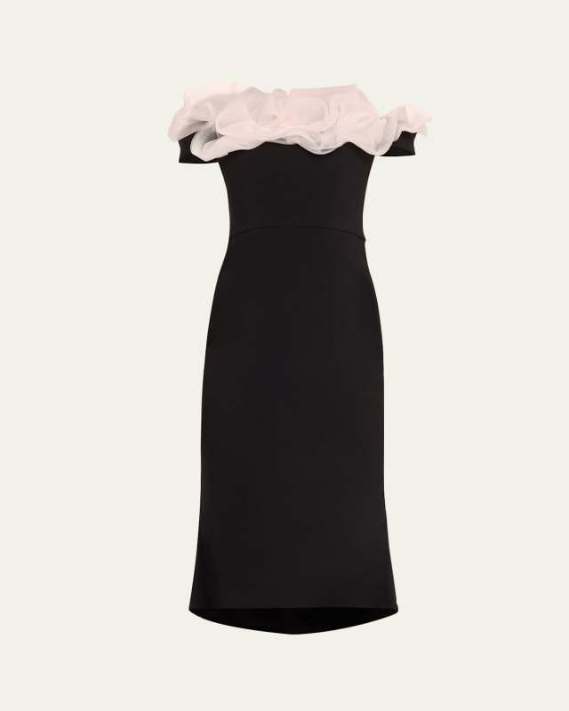 Fitted Midi Dress with Ruffle Neckline