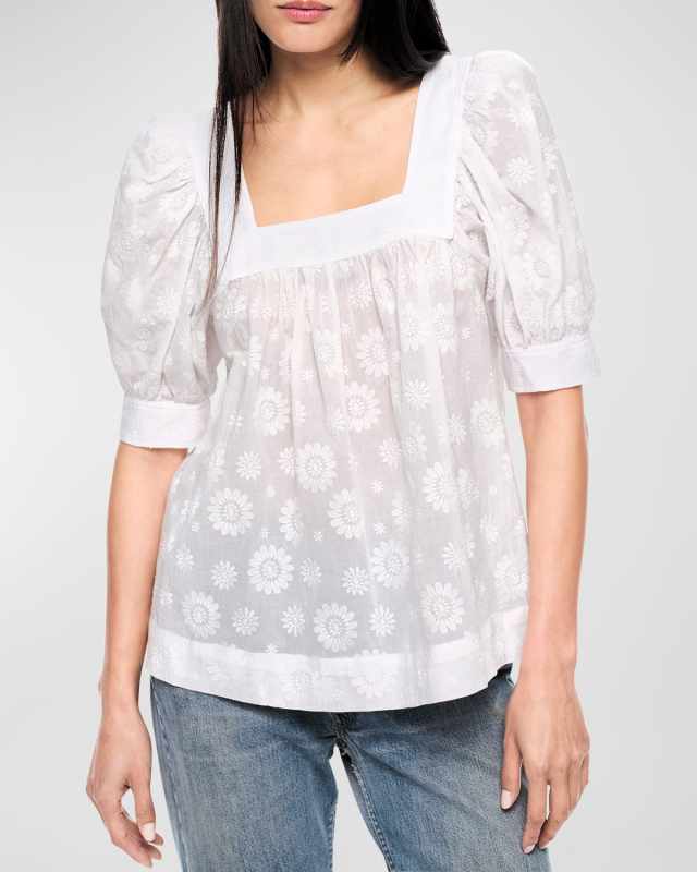 Floral Embroidered Cropped Square-Neck Blouse