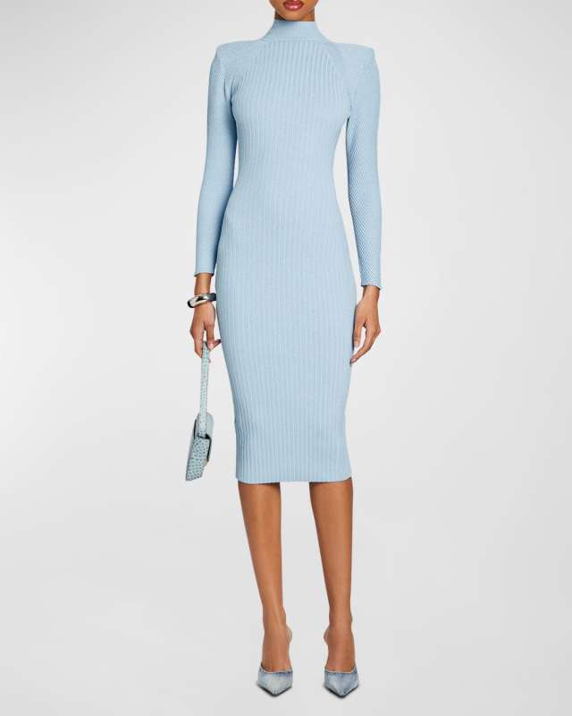 Aylin Padded-Shoulder Ribbed Midi Bodycon Dress