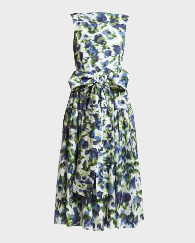 Floral Abstract Print Bow Midi Dress