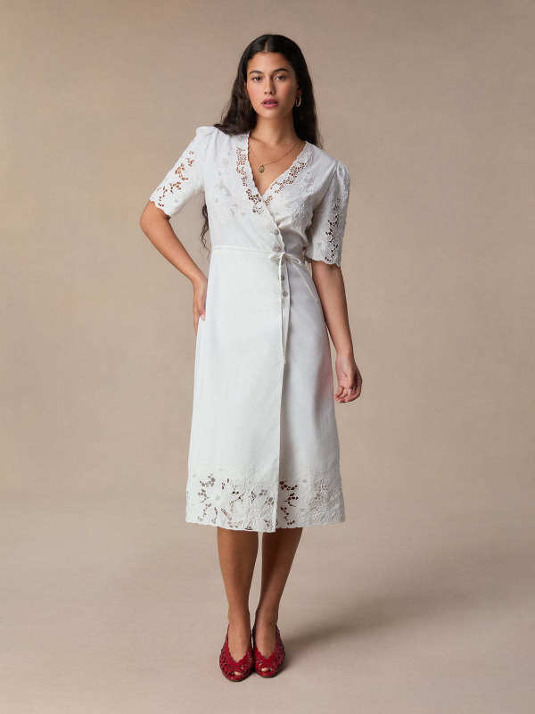 Rouje GABIN White embroidered mid-length wrap dress