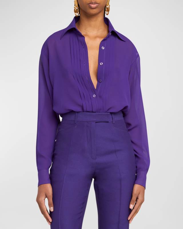 Pleated-Placket Silk Georgette Button-Down Shirt