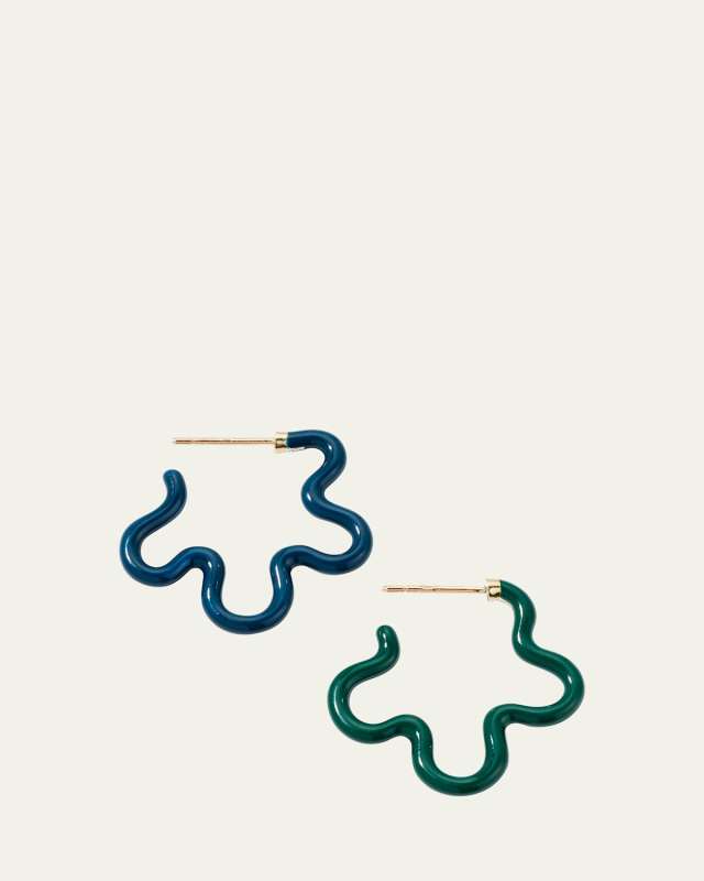 Two-Tone Asymmetrical Flower Small Hoop Earrings in Emerald and Teal Enamel