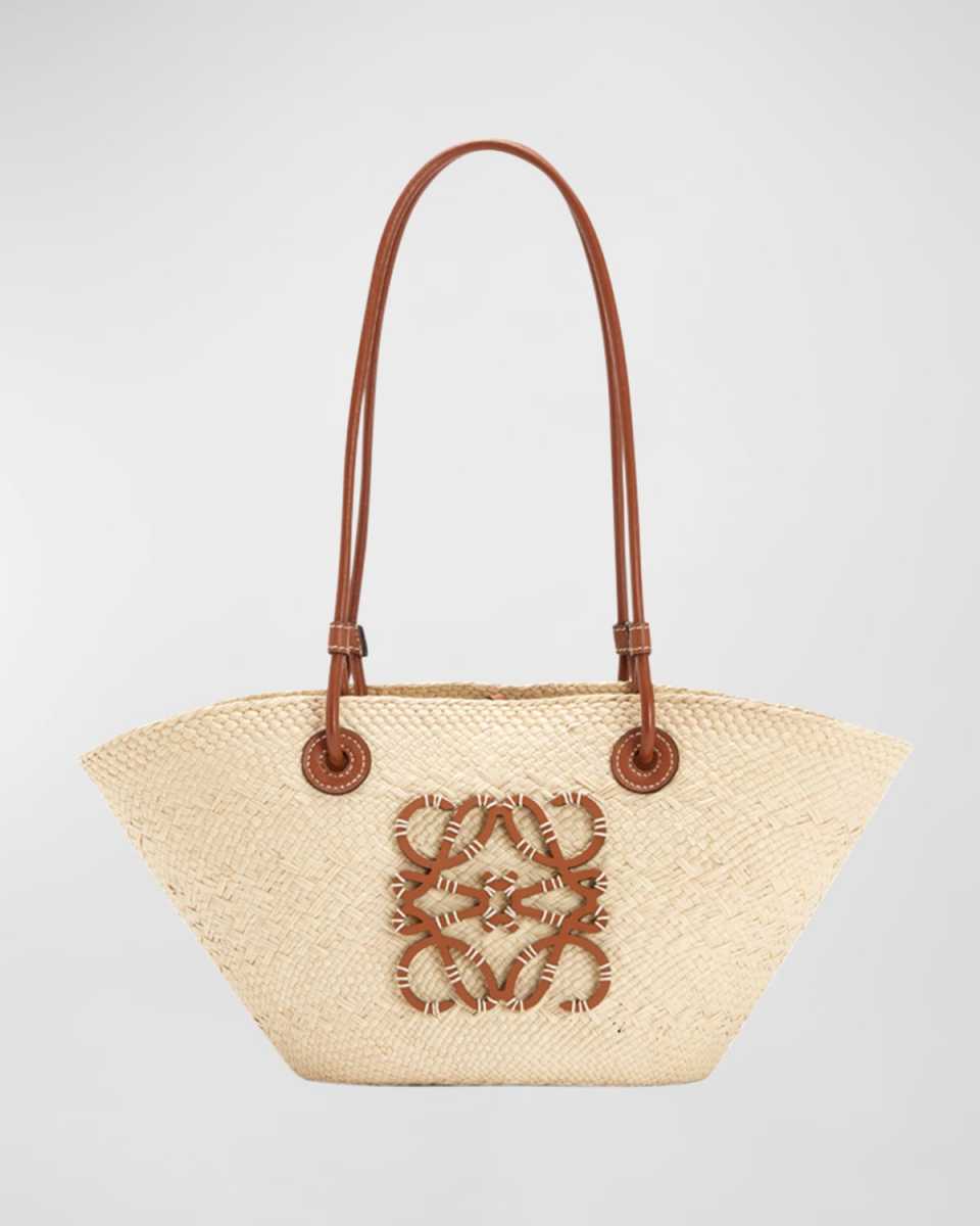 x Paula's Ibiza Anagram Small Basket Bag in Iraca Palm with Leather Handles