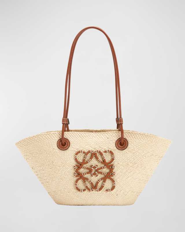 x Paula's Ibiza Anagram Small Basket Bag in Iraca Palm with Leather Handles