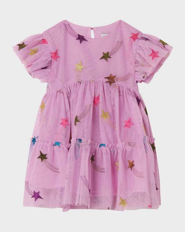 Girl's Glittery Star-Printed Tulle Dress, Size 6M-36