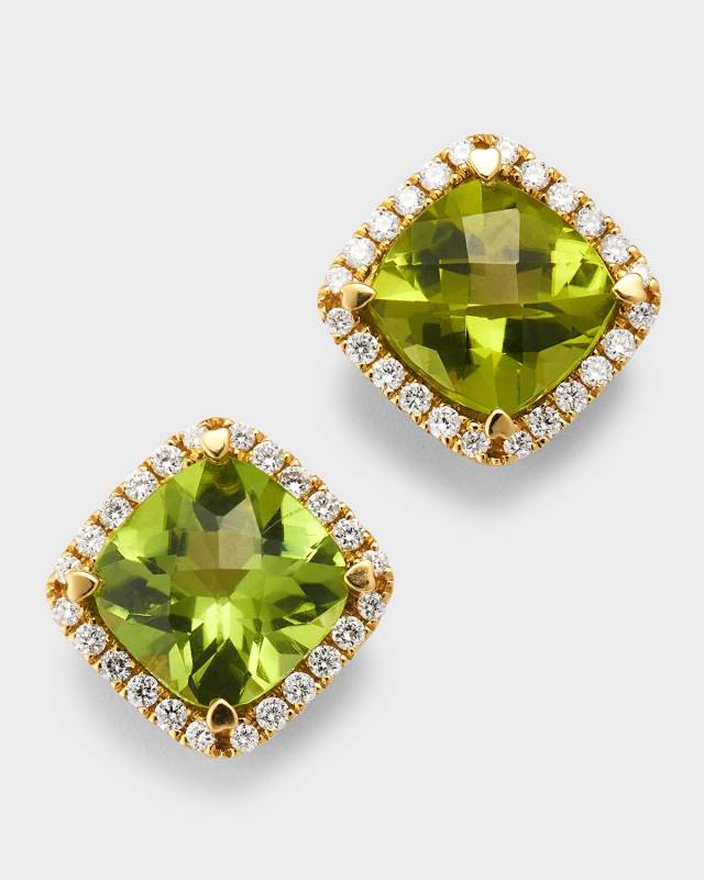 Rocks 18K Yellow Gold Petite Cushion Cut Peridot and Diamond Halo Stud Earrings