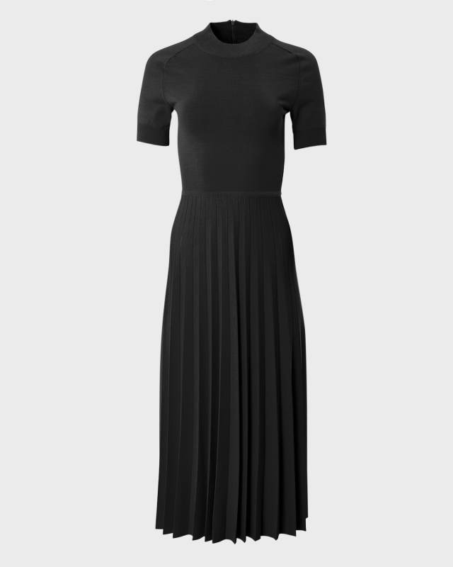 Mock Neck Pleated Knit Midi Dress
