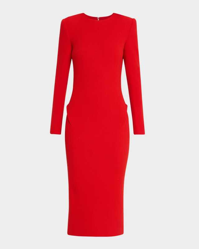 Pleated-Back Long-Sleeve Stretch Wool Crepe Midi Dress