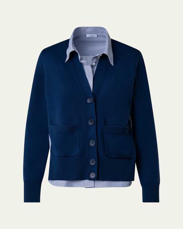 Illusional Mixed Media Cardigan with Striped Blouse Detail