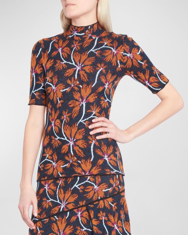 Flora Floral Knit Jacquard Mock-Neck Top
