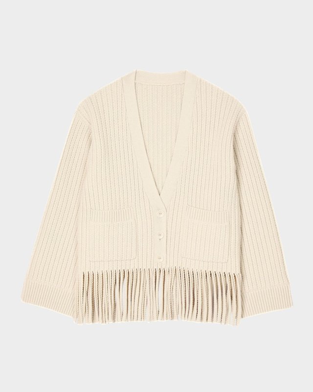 Zoe Textured Fringe-Trim Cardigan