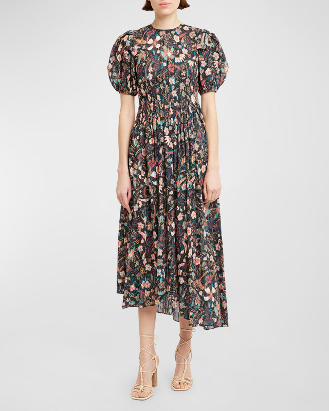 Eden Puff-Sleeve Floral-Print Midi Dress