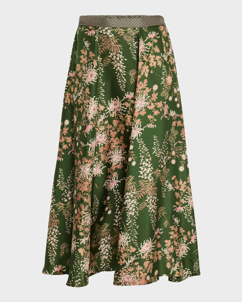 Floral-Print Silk Midi Skirt