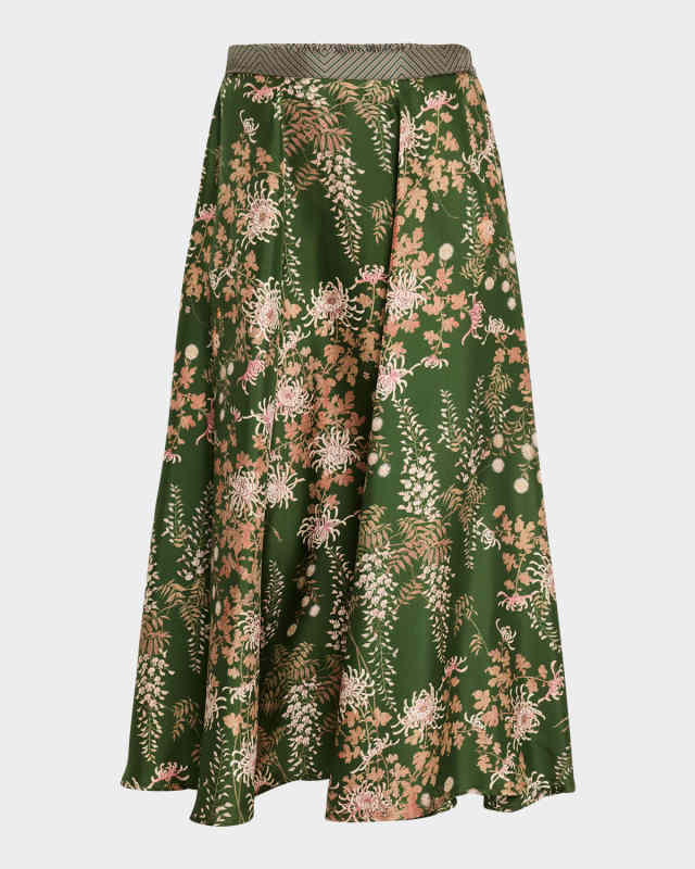 Floral-Print Silk Midi Skirt