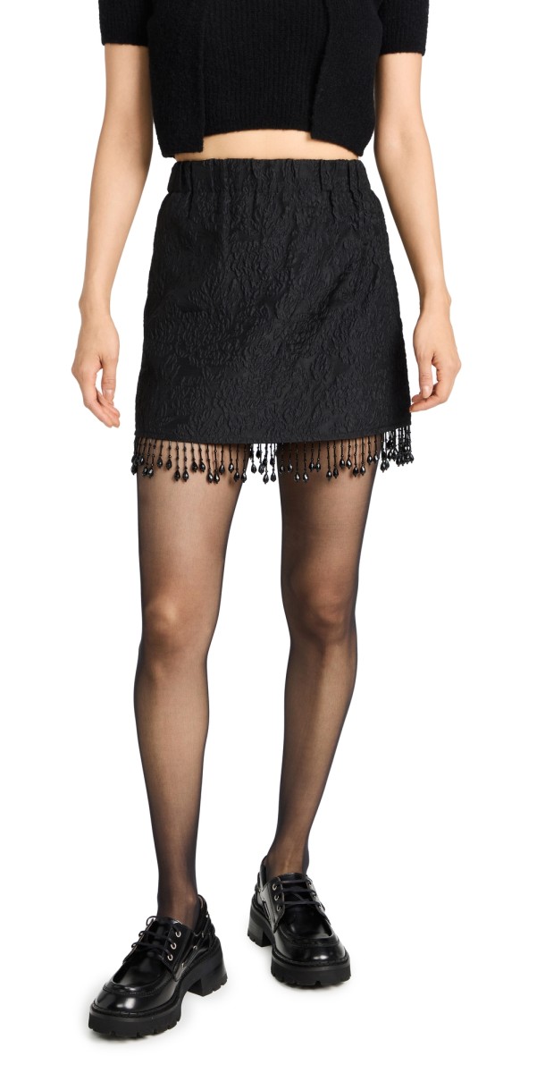 GANNI Jacquard Organza Bead Fringe Miniskirt Black