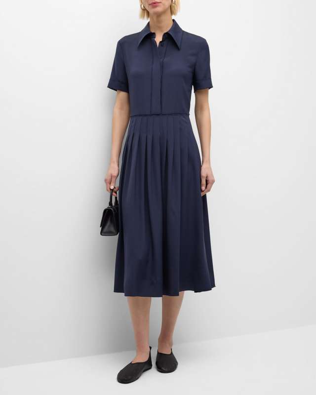 Pleated Organic Silk Georgette Midi Shirtdress