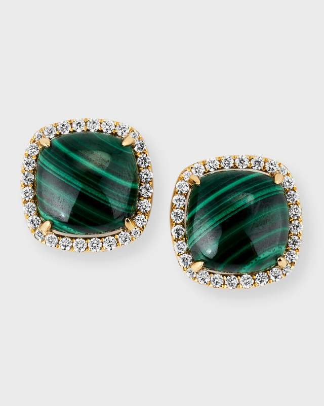 18K Yellow Gold Cushion Cabochon Malachite Earrings with Diamond Halos