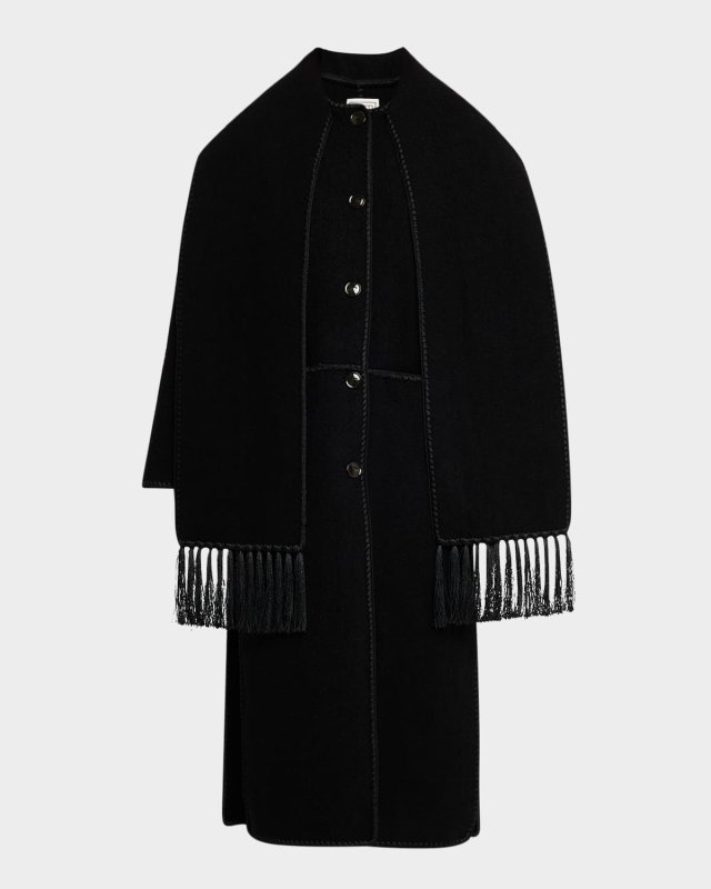 Fringe Embroidered Scarf Wool Coat
