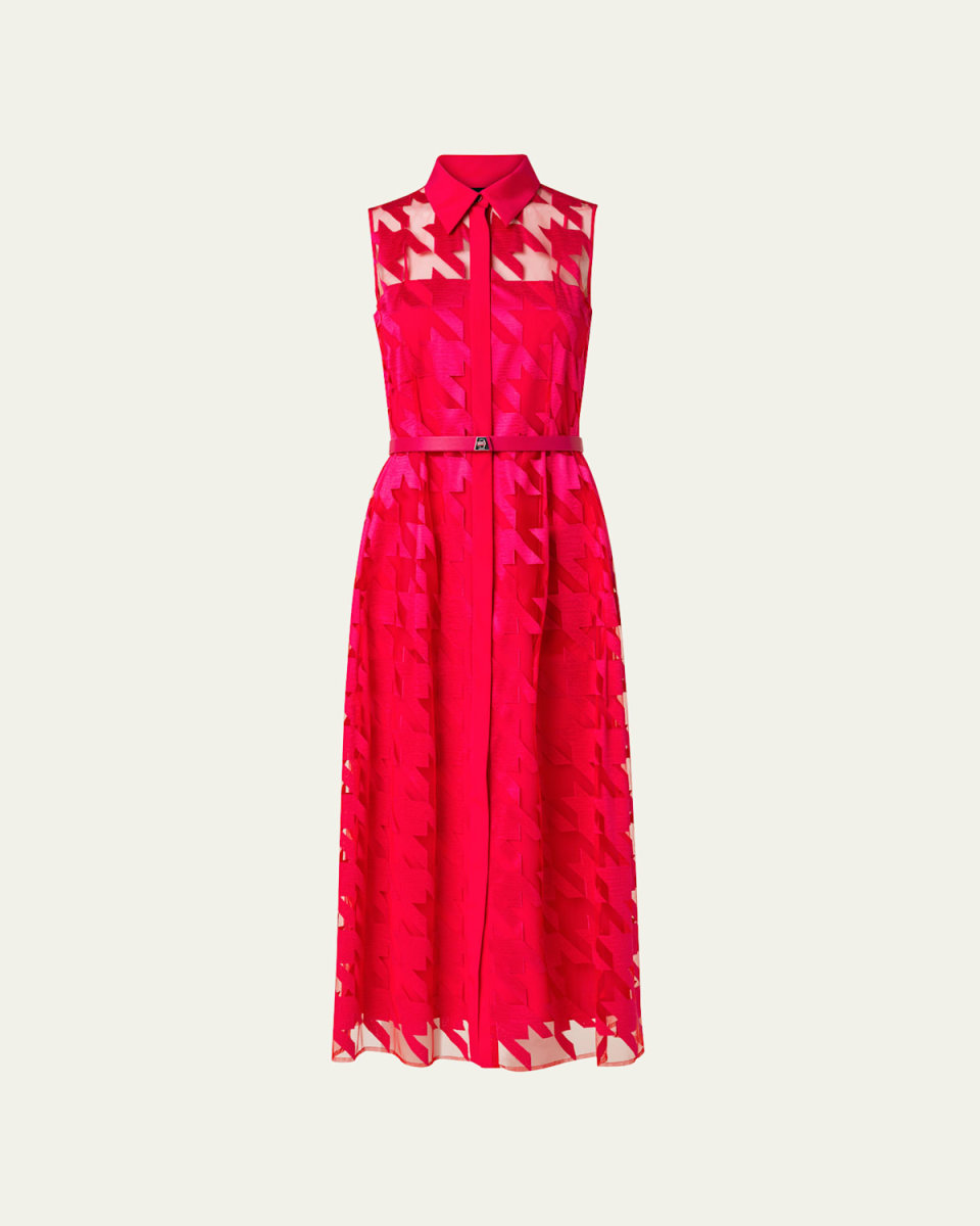 Houndstooth-Embroidered Belted Maxi Dress