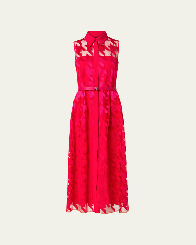 Houndstooth-Embroidered Belted Maxi Dress