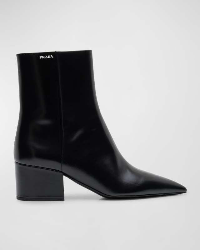 Leather Block-Heel Ankle Booties