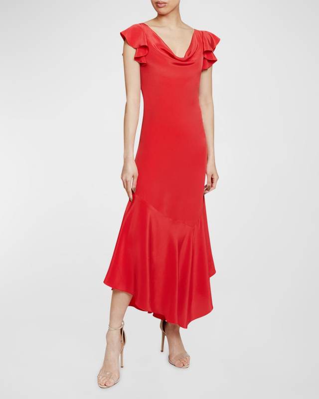 Laurel High-Low Flutter-Sleeve Midi Dress
