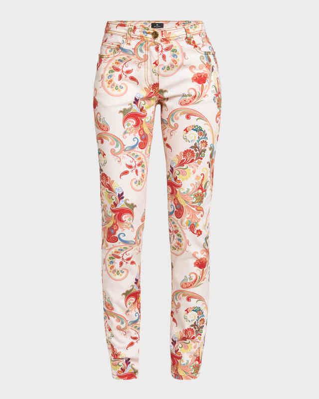 Paisley Deco-Print Skinny-Leg Cotton Jeans