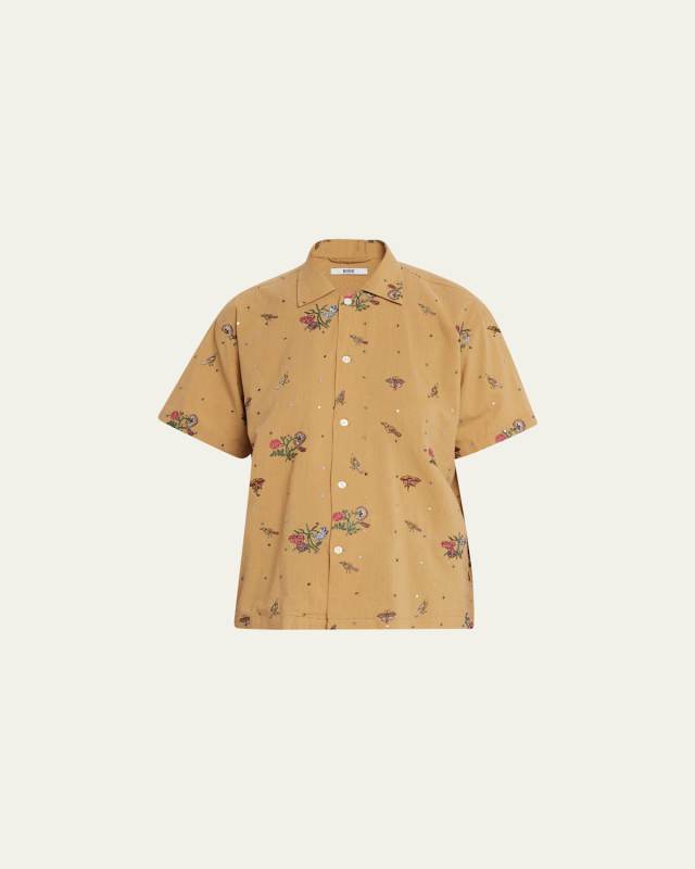 Micro Bird Embroidered Short Sleeve Button Up Shirt