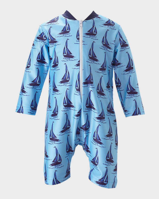 Boy's Sailboat Zip-Up Rash Guard Swimsuit, 6M-