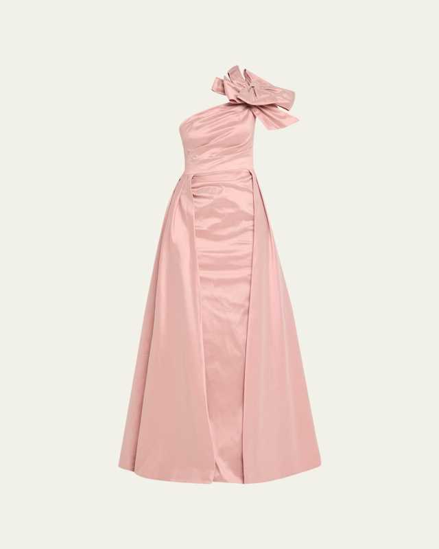 One-Shoulder Bow-Front Pleated Taffeta Gown