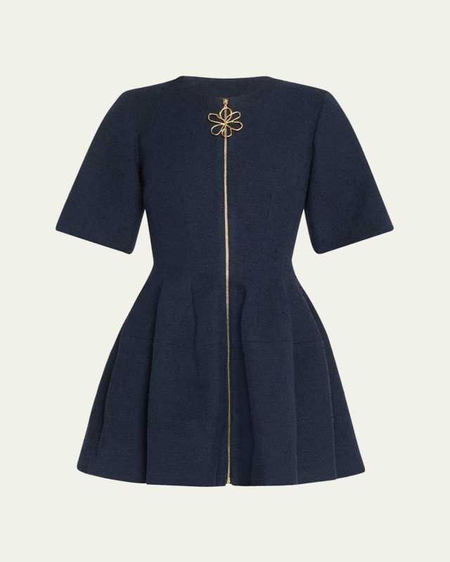 Zip Front Wool Tweed Mini Dress