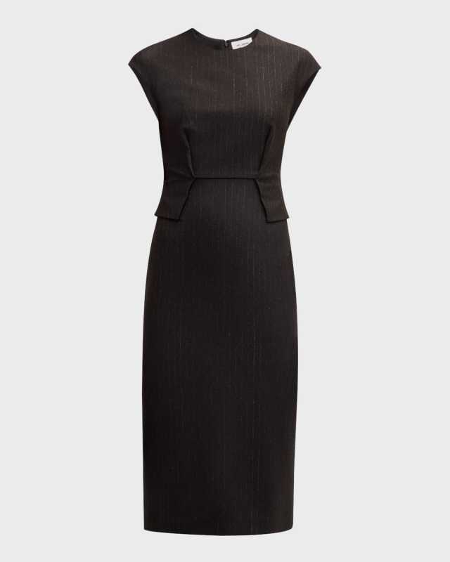 Pinstripe Jersey Cap-Sleeve Peplum Midi Dress