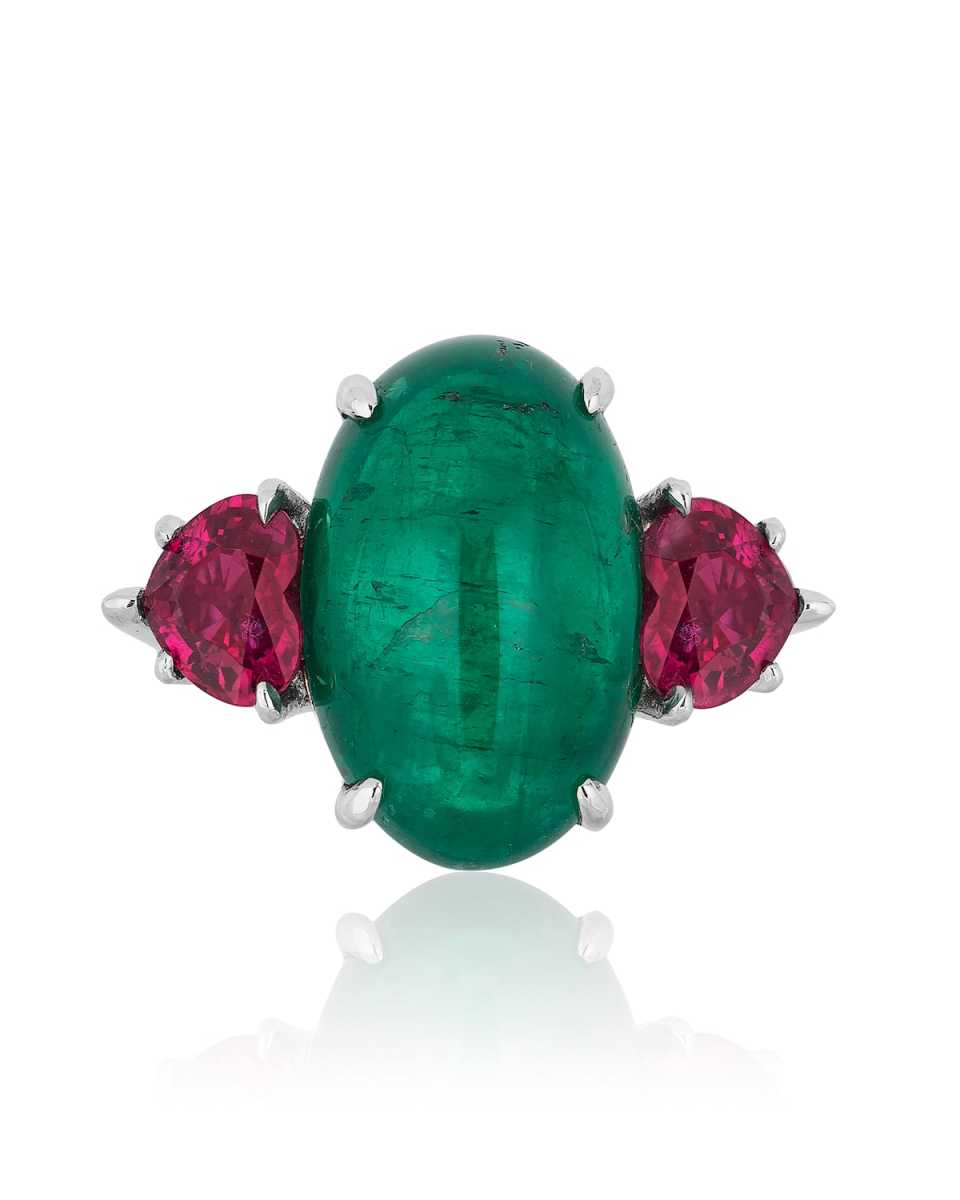 Platinum Cabochon Colombian Emerald and Ruby Heart Ring, Size 6.5