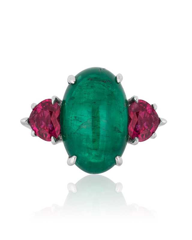 Platinum Cabochon Colombian Emerald and Ruby Heart Ring, Size 6.5