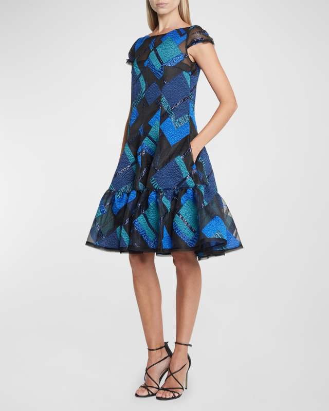 Short-Sleeve Metallic Plaid Brocade Organza Ruffle-Hem Dress