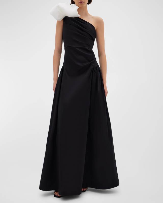 Banks Bow On-Shoulder Gathered-Side Gown