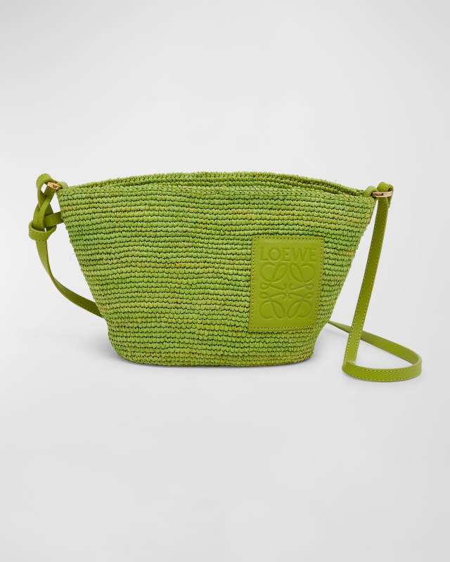 x Paula's Ibiza Slit Pochette Bag in Raffia with Leather Strap