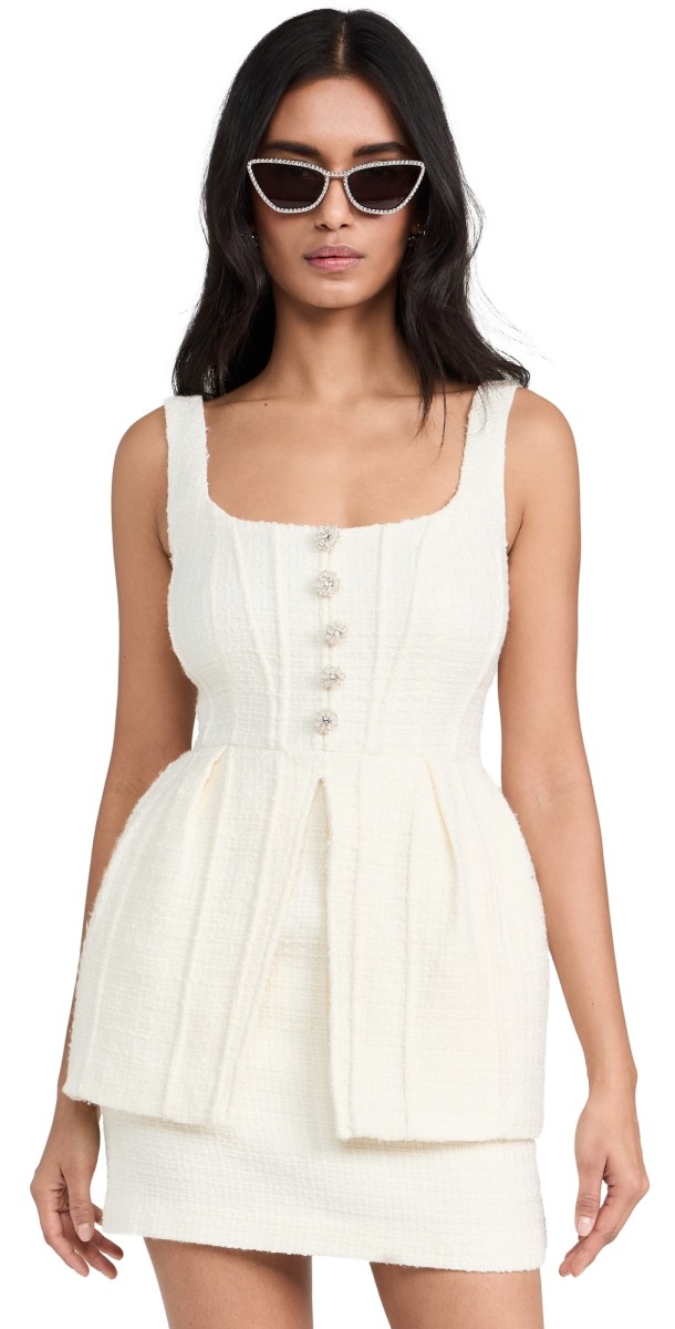 Self Portrait Boucle Peplum Mini Dress Cream
