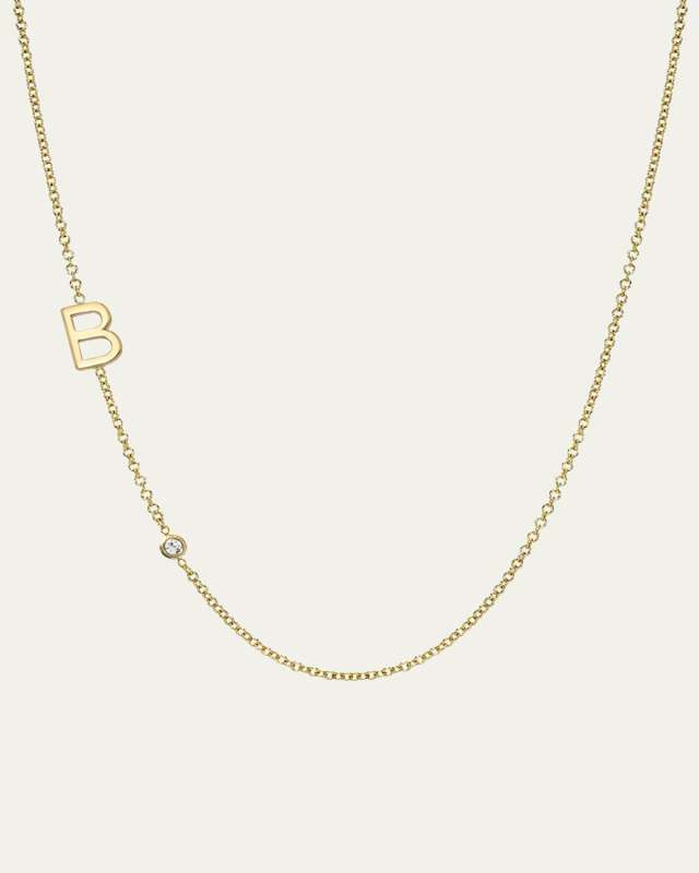14K Gold Asymmetrical Initial and Bezel Diamond Necklace, 16-18"L
