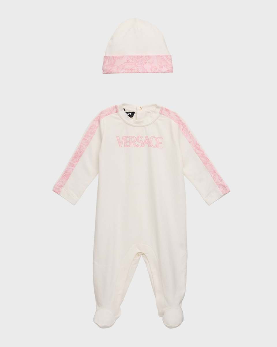 Boy's Barocco-Trim Two-Piece Footie & Hat Set, Size Newborn-9