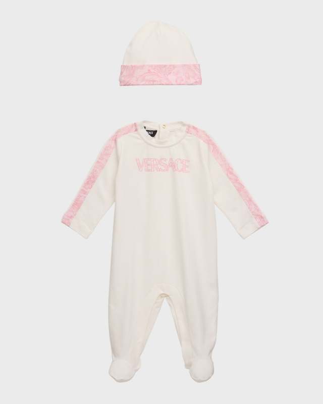 Boy's Barocco-Trim Two-Piece Footie & Hat Set, Size Newborn-9