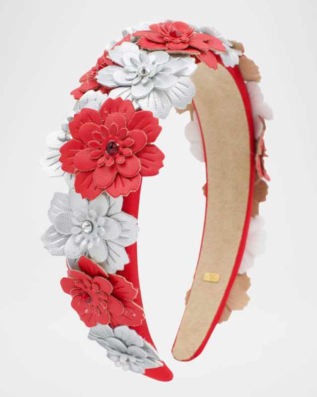 Girl's Headband W/ Faux Leather Metallic Flowers