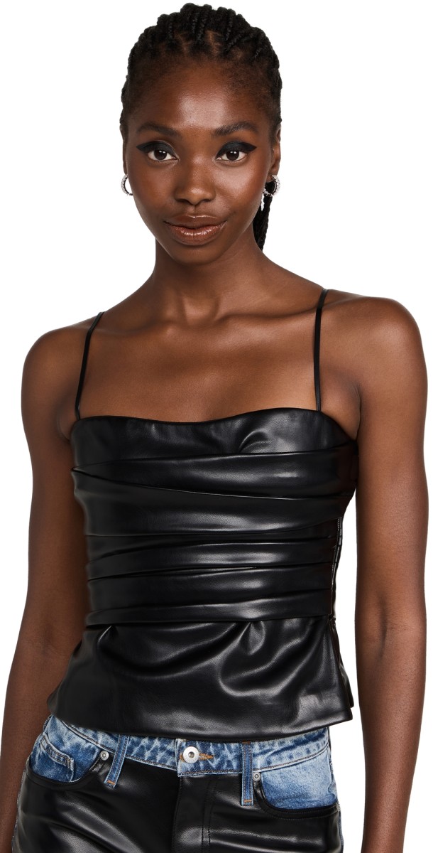 SIMKHAI Imara Faux Leather Draped Bustier Top Black